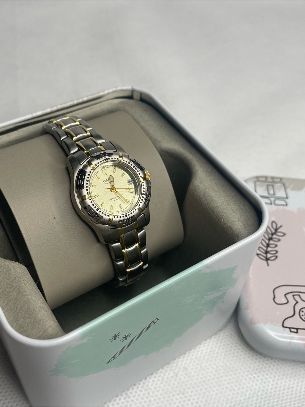 VTG Casio Two-Tone Sub Watch Rotating Champagne Gold Silver Date WR 100M Glow